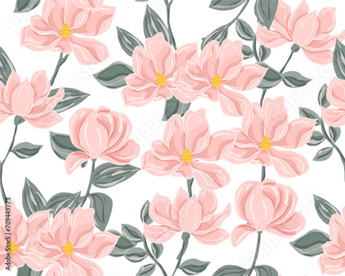 Soft Peach Magnolia Hand Drawn Flower Seamless Pattern