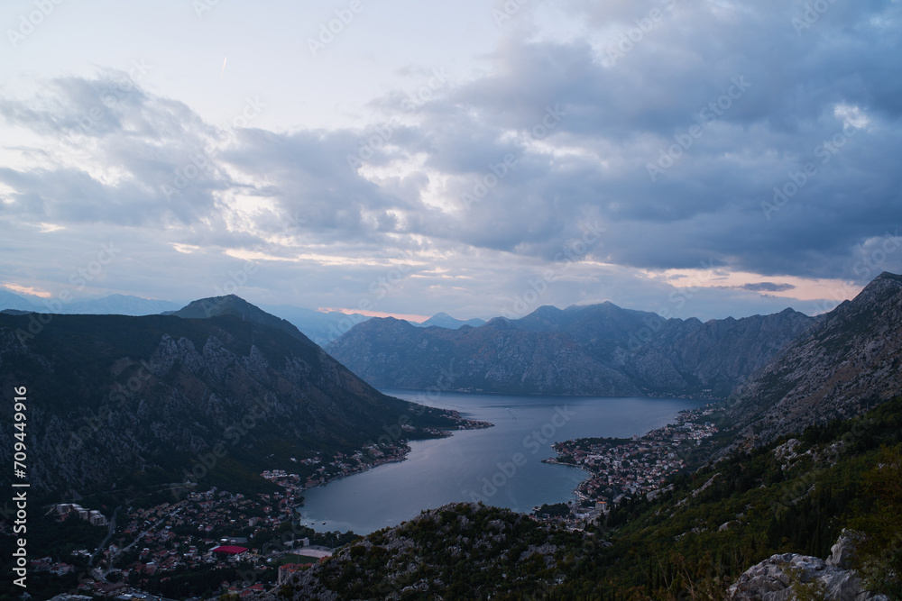 View from Mount Lovcen to the Bay of Kotor at sunset. Montenegro