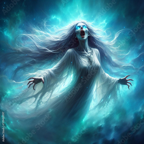 A banshee with ghostly white hair, wailing in the wind, folklore, old woman. photo