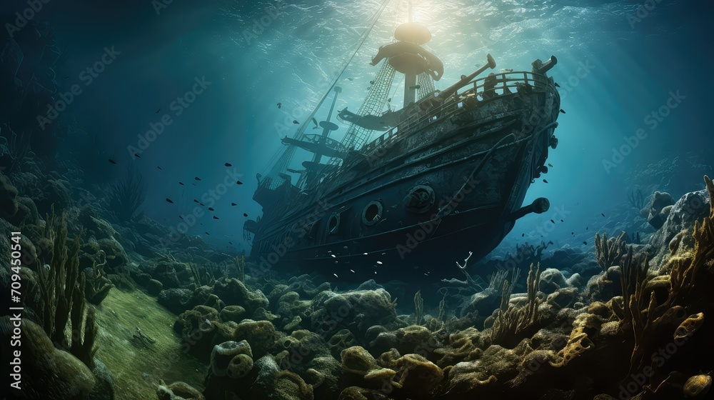 Fototapeta premium marine under ocean background illustration aquatic coral, fish sea, deep blue marine under ocean background