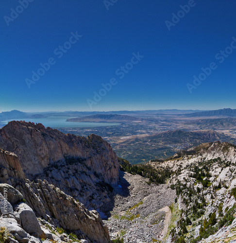 Lone Peak and surrounding landscape from Jacob’s Ladder hiking trail, Lone Peak Wilderness, Wasatch Rocky Mountains, Utah, United States.