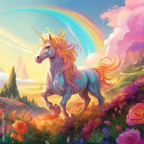 Beautiful unicorn running across a colorful land.