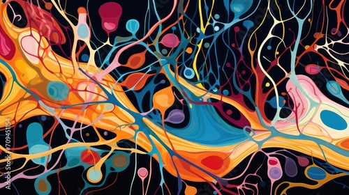 Vibrantly colored depiction of neurulation in a modern art style, incorporating bold shapes and lines to represent the process of neural tube formation.