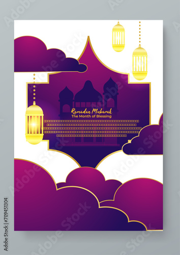 Gold white and purple violet vector islamic ramadan kareem celebration greeting cards. Ramadan poster for greeting card, cover, label, sale promotion templates, pattern background luxury style