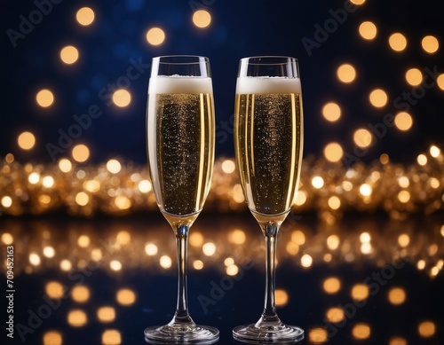 Two glasses of champagne close-up on a dark background with bokeh lights, glitter and sparks. Christmas celebration concept with place for text