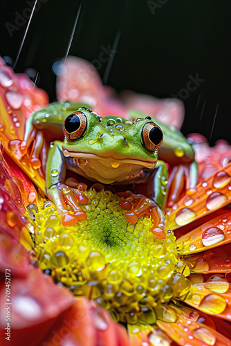 Frog on a flower with droplets 