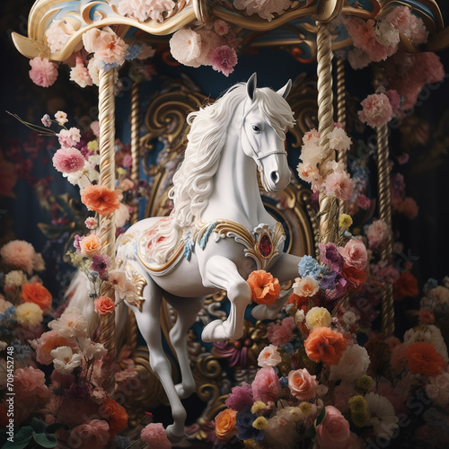A fairytale carousel filled with flowers. Generative AI