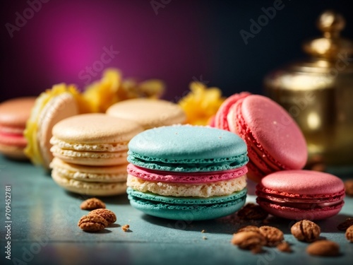 French Macarons, the most famous French sweet pastry in studio background, cinematic dessert photography