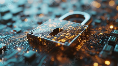 Cybersecurity Symbolized by Padlock on Circuit Board