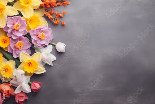 Bunch of spring flowers on textured table backgound with a lot of copy space for text. Top view, close up, flat lay composition. - generative ai