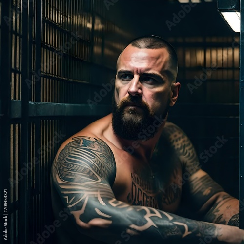 A big burly mean looking man dark thinning hair, and tattoos on his face and arms, sitting in a prison cell