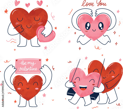 Watercolor mascot heart. Cartoon watercolor romantic Valentines day sticker, cute hearts with leg and hands. Cute ove funny angel cupid and happy couple. Vector set