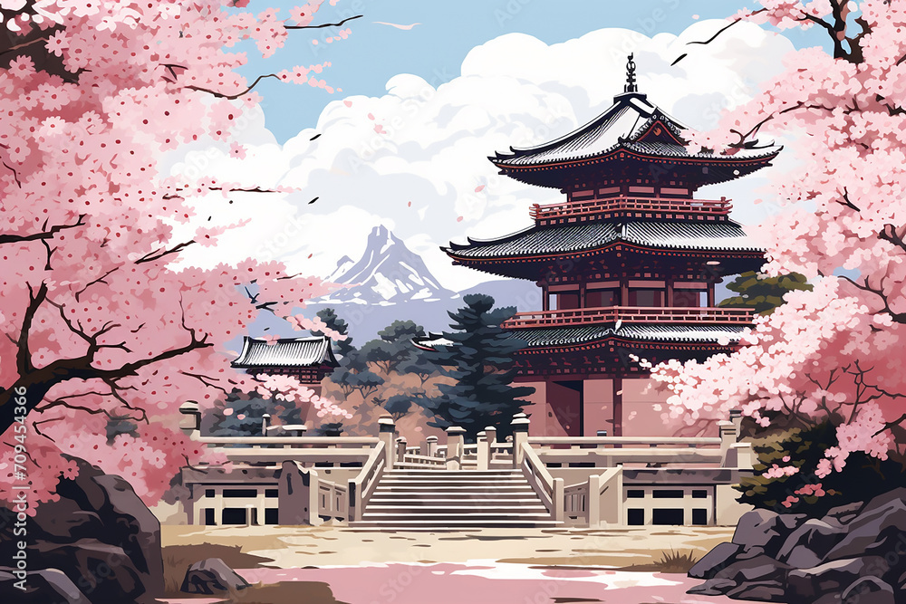 Japanese Buddhist Zen Temple with Spring Cherry Blossom: Pink Sakura Coloristic Graphic Vector Illustration for Mugs, T-shirts, and Merchandise