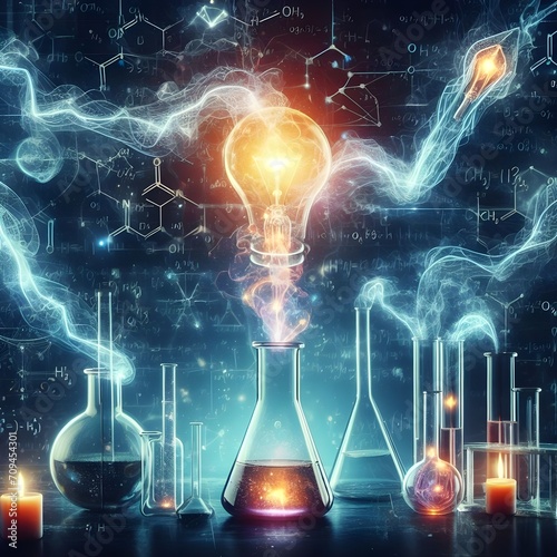 Electrochemistry, electric sparks coming out of chemical beaker with dark background photo