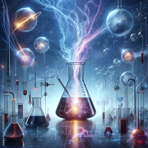 Electrochemistry, electric sparks coming out of chemical beaker with dark background photo