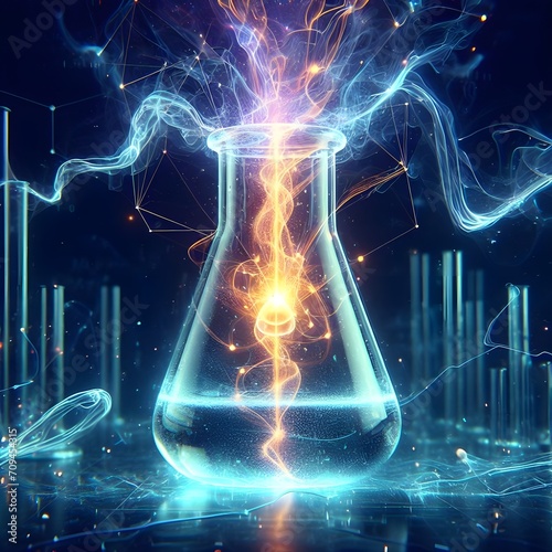 Electrochemistry, electric sparks coming out of chemical beaker with dark background photo