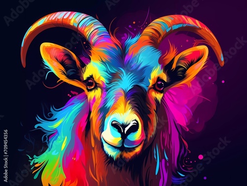 goat illustration in abstract, rainbow ultra-bright neon artistic portrait graphic highlighter lines on minimalist background. generatie ai © KBL Sungkid