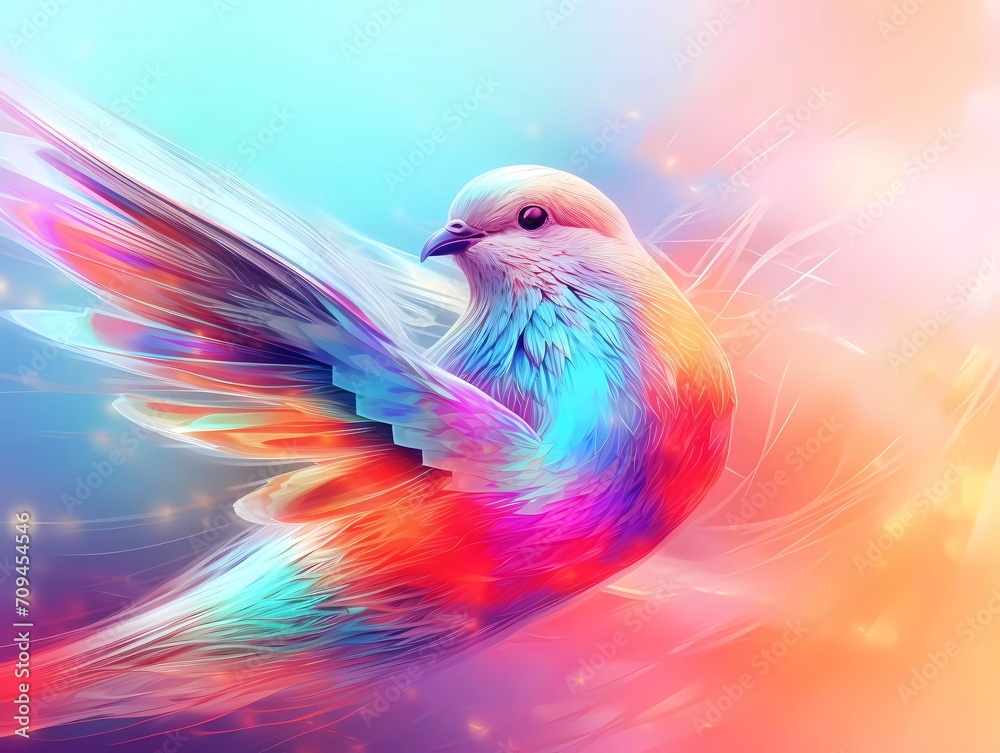 dove bird illustration in abstract, rainbow ultra-bright neon artistic portrait graphic highlighter lines on minimalist background. generative ai