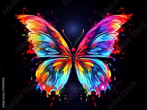 butterfly illustration in abstract, rainbow ultra-bright neon artistic portrait graphic highlighter lines on minimalist background. generative ai