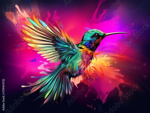 hummingbird illustration in abstract, rainbow ultra-bright neon artistic portrait graphic highlighter lines on minimalist background. generative ai © KBL Sungkid