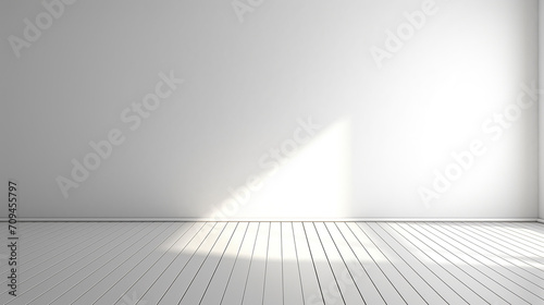 3d stimulate of white room interior and wood plank floor with sunlight