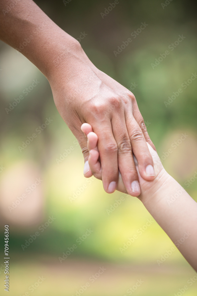 Little kid holding family member mother hand as a together family Little kid holding family member mother hand as a together family