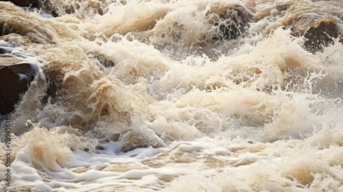 The chaotic and forceful movement of fastflowing floodwater, captured in a closeup shot.