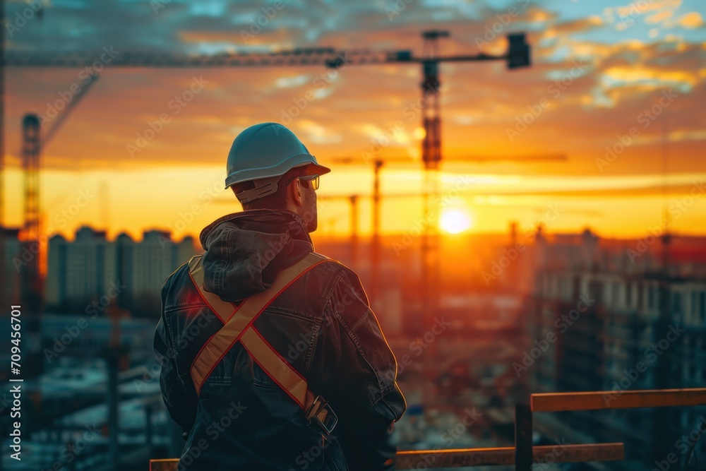 Back of engineer with steel structure in construction site during sunset 