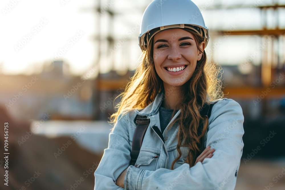 beautiful female engineer White man smiling at the camera with construction background beautiful female engineer White man smiling at the camera with construction background