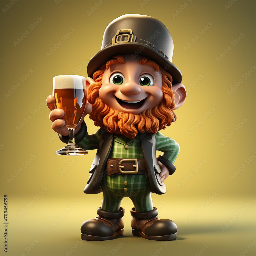 Leprechaun with a beer chopp, St. Patrick's Day, 3d style, isolated.