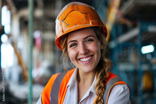 beautiful female engineer White man smiling at the camera with construction background  © CStock