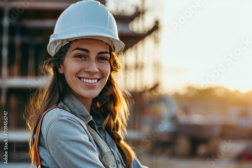 beautiful female engineer White man smiling at the camera with construction background  photo