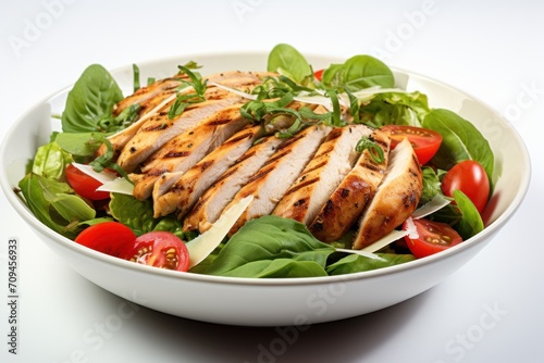 Chicken breast salad with greens on a white bowl 
