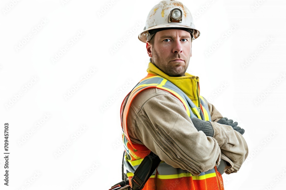 Fototapeta premium Construction Worker with Arms Crossed Looking Ahead on White Background 