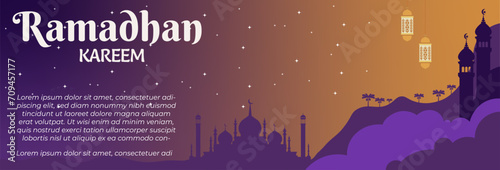 Ramadhan kareem flat illustration banner Landscape illustration of Ramadan kareem with mosque