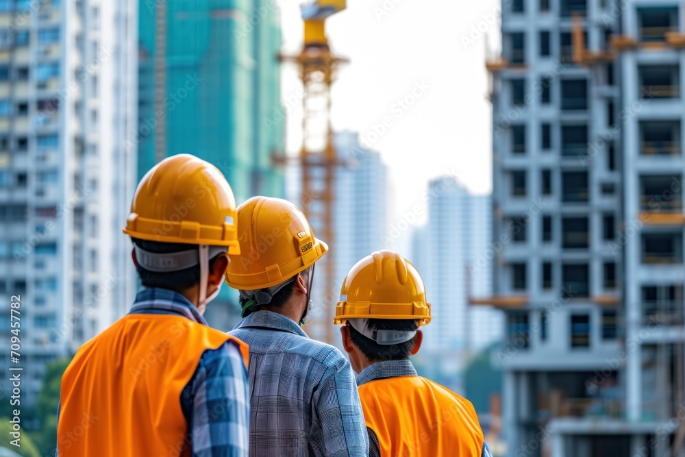 Engineer teams meeting working together wear worker helmets hardhat on construction site 
