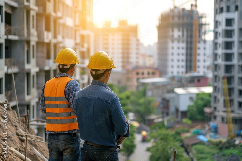 Engineer teams meeting working together wear worker helmets hardhat on construction site Engineer teams meeting working together wear worker helmets hardhat on construction site