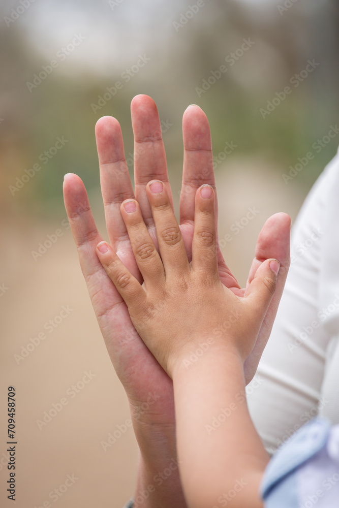 Little kid holding family member mother hand as a together family Little kid holding family member mother hand as a together family