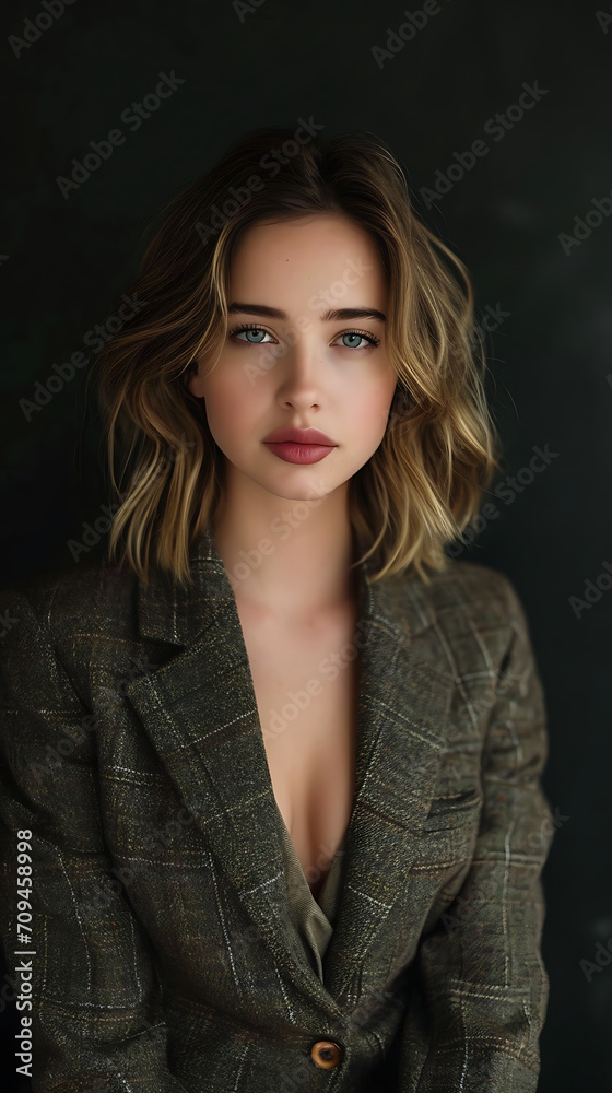 A woman in a blazer posing on a dark background