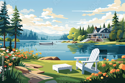 Idyllic lake view with Adirondack chairs © Jacek
