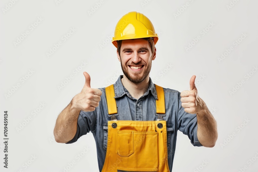 happy smiling male worker or builder in yellow helmet and overall showing thumbs up 