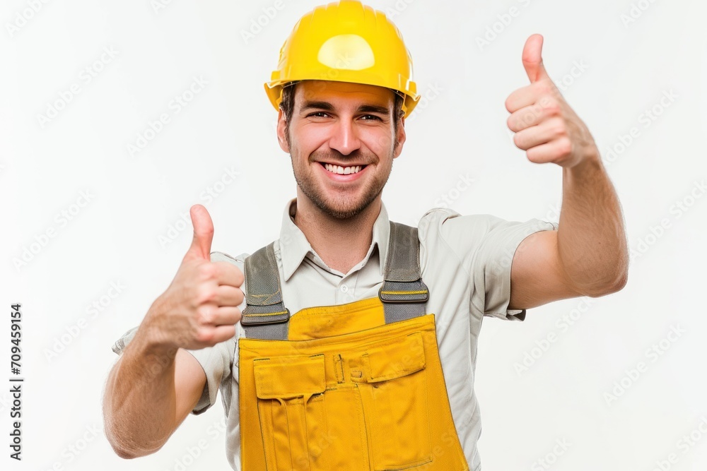 happy smiling male worker or builder and overall showing thumbs up over white background happy smiling male worker or builder and overall showing thumbs up over white background