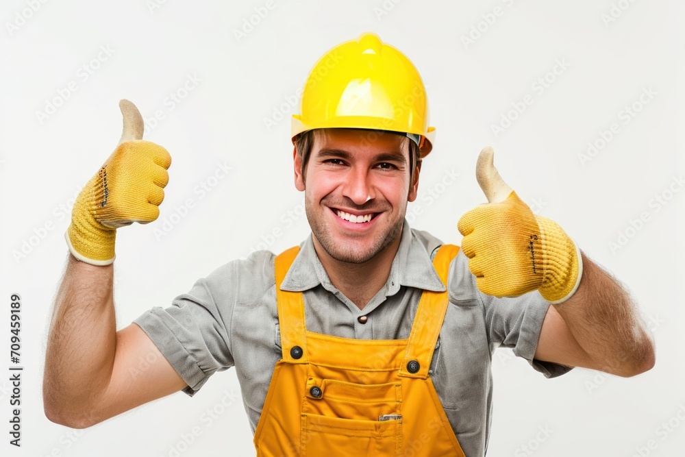 happy smiling male worker or builder and overall showing thumbs up over white background happy smiling male worker or builder and overall showing thumbs up over white background
