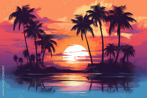 Tropical beach sunset with palm trees © Jacek