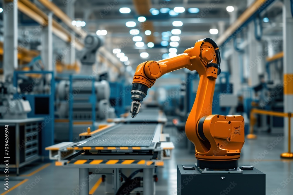 Industrial robot works automatically in smart autonomous factory. Industrial robot works automatically in smart autonomous factory.
