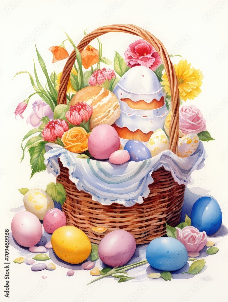 Easter eggs and food in a basket, Watercolor Paintings Style