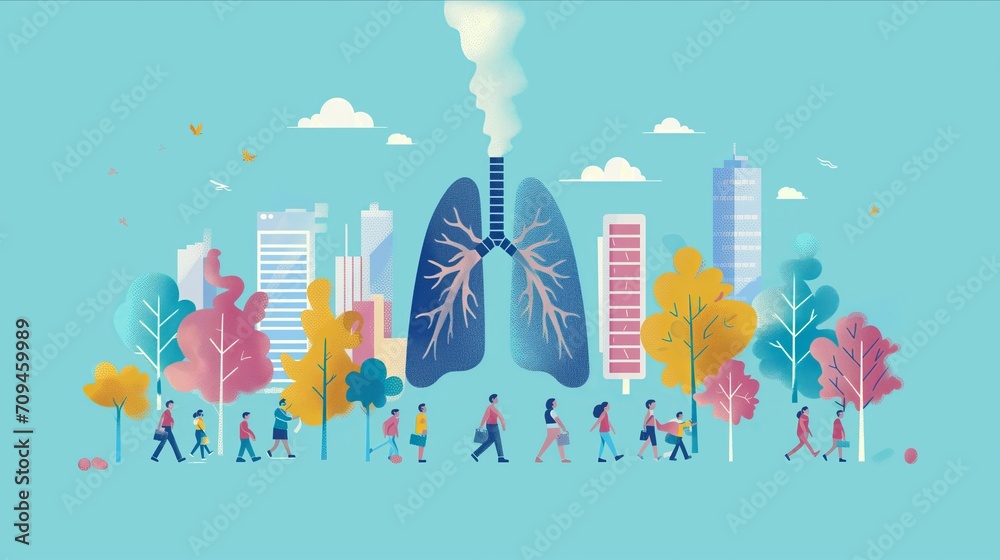 Lung related issues awareness campaigns to preventive measures and healthcare solutions. The scenes convey a sense of empathy, education, and advocacy for individuals and communities to prioritize - obrazy, fototapety, plakaty 
