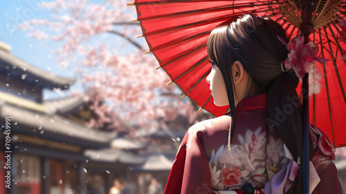woman in yukata (kimono dress) holding umbrella and looking sakura flower or cherry blossom blooming in garden