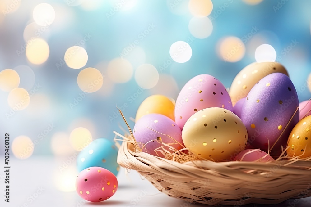 Happy easter day, Easter painted eggs in the basket on wooden rustic table for your decoration in holiday with copy space