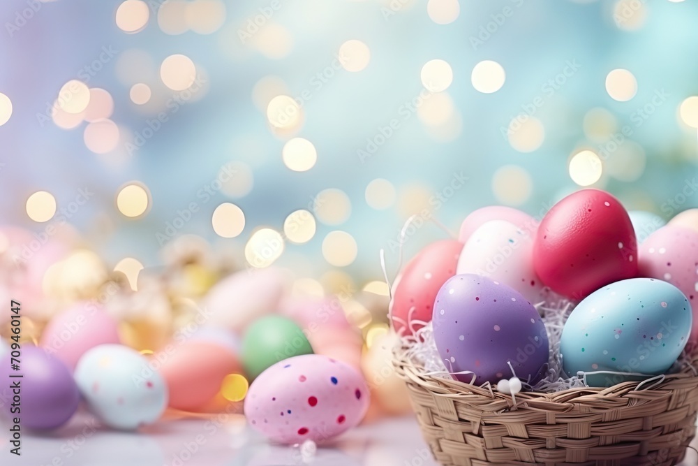 Happy easter day, Easter painted eggs in the basket on wooden rustic table for your decoration in holiday with copy space Happy easter day, Easter painted eggs in the basket on wooden rustic table for your decoration in holiday with copy space